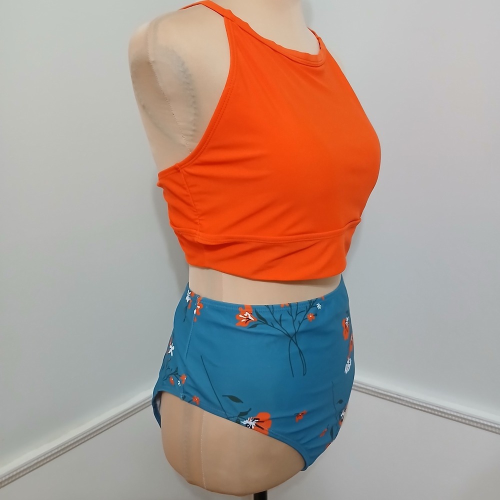 Womens High Neck Bikini Set Orange Crop Top Floral High Waist Bottoms Teal L New - Picture 4 of 7